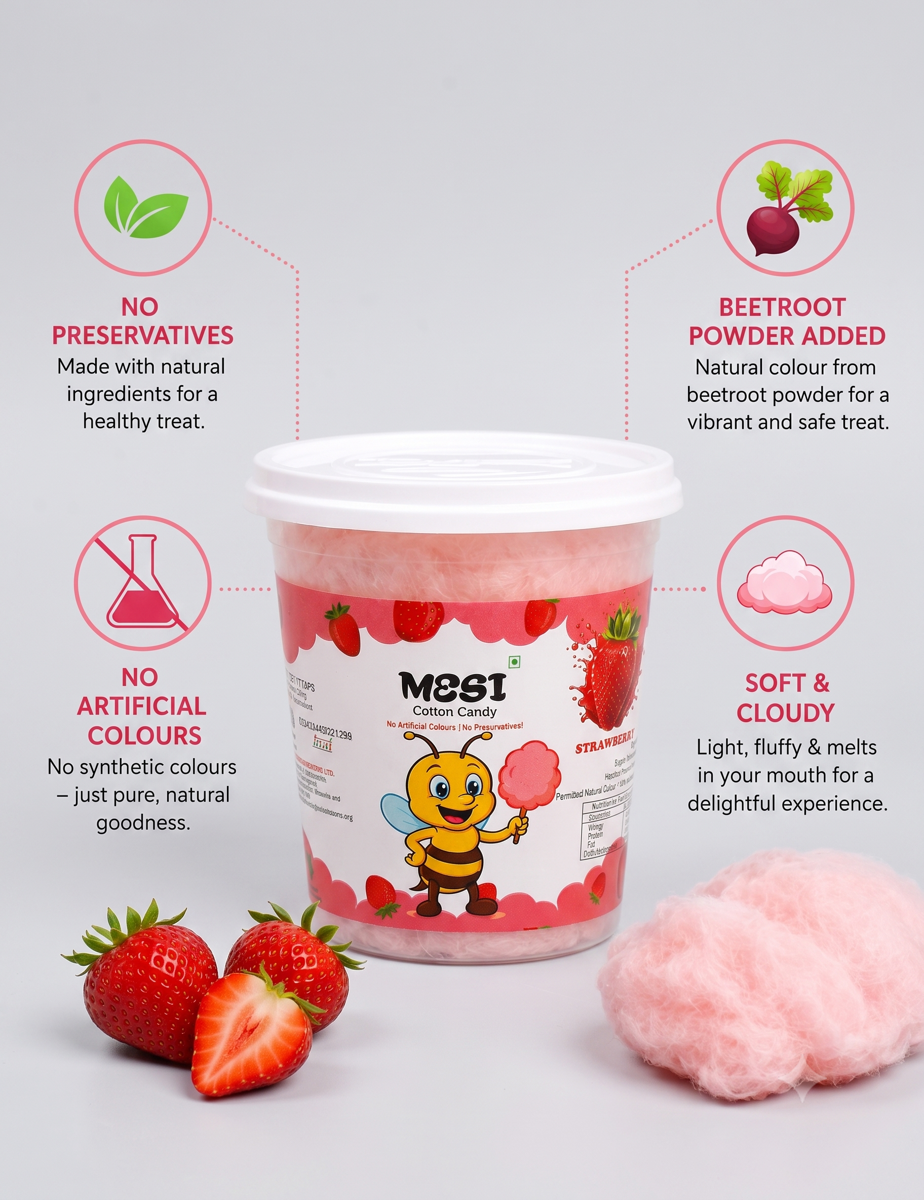 Mesi Fluffy Strawberry Cotton Candy – 6 Pack (Melt-in-Your-Mouth Sweetness)